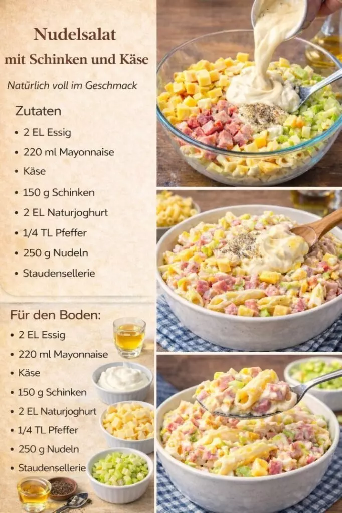 Ein einfacher und köstlicher Nudelsalat mit Schinken