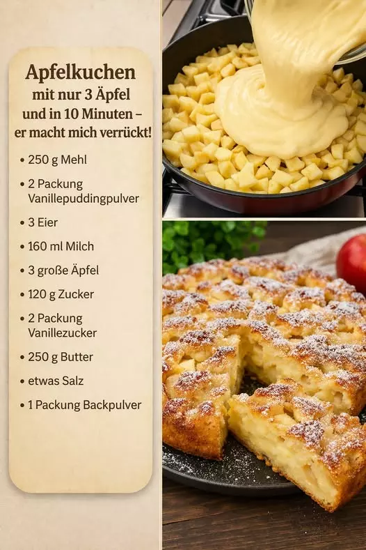 Blitzschneller Apfelkuchen mit Vanillepudding – in nur 10 Minuten zubereitet