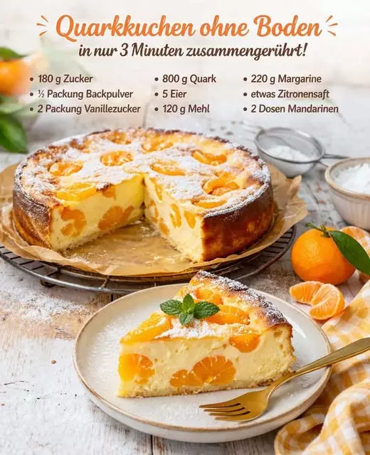 Mandarinen-Quarkkuchen ohne Boden: Ein schnelles und fruchtiges Vergnügen