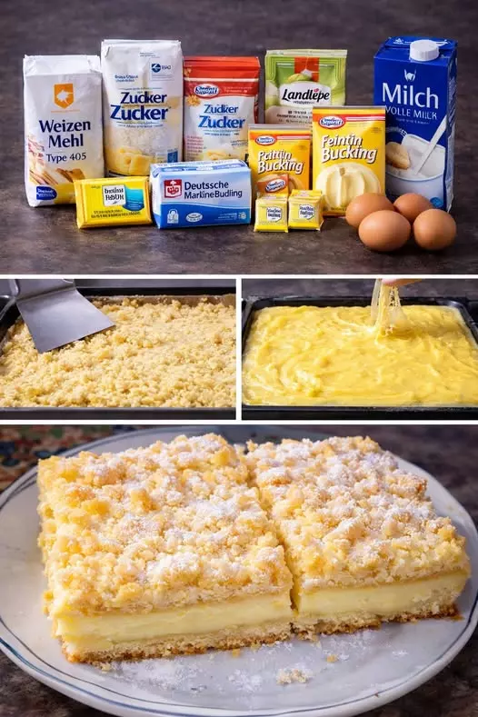 Streuselkuchen vom Blech mit Vanillepudding in 15 Minuten