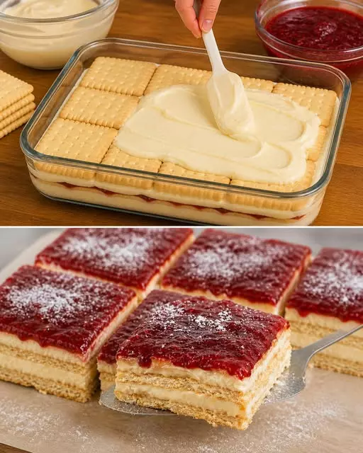 Blitzschneller Vanillepudding-Kuchen mit Butterkeksen und Johannisbeermarmelade