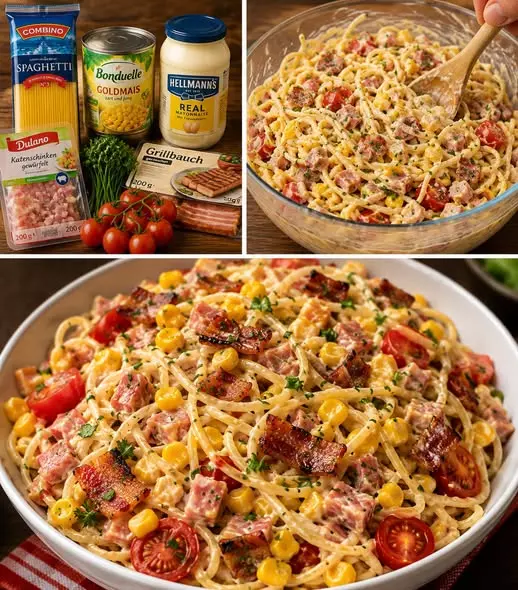 Cremiger Spaghetti-Salat mit Schinken: Schnell zubereitet und köstlich