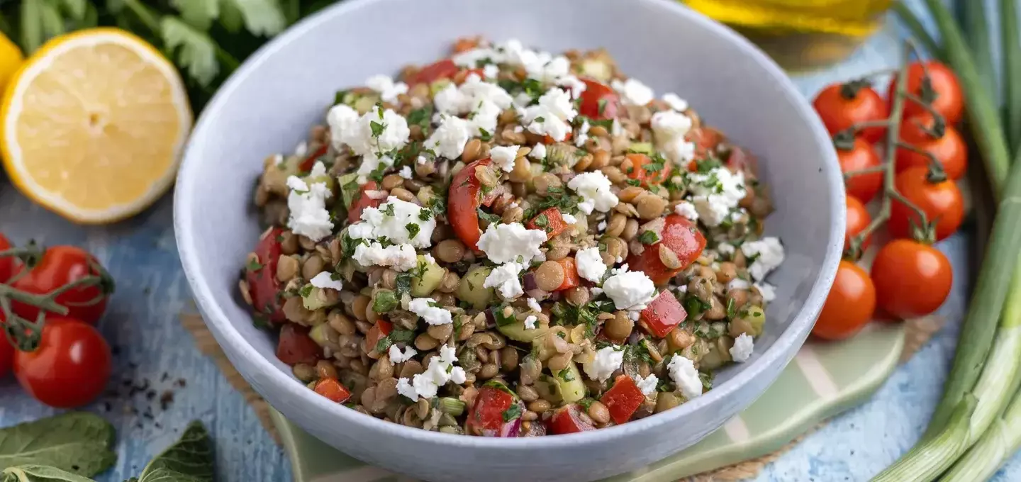 Sommerlicher Linsensalat mit Feta und frischem Gemüse