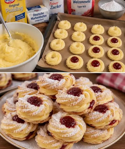 Köstliche Vanille-Puddingkekse mit Marmeladenfüllung