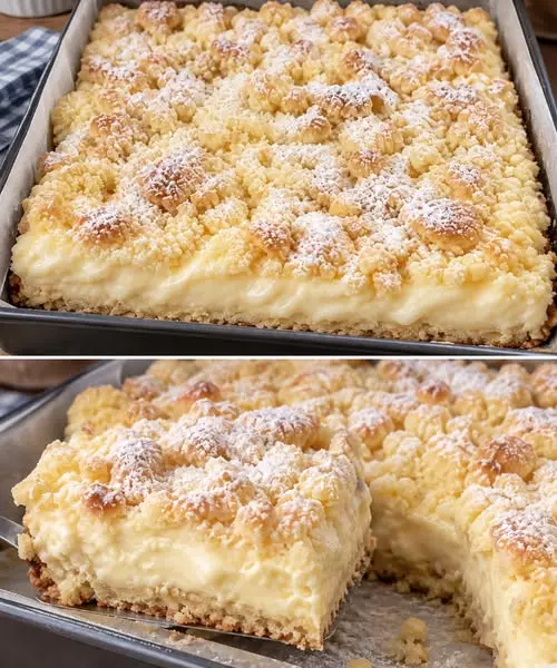 Cremiger Pudding-Streuselkuchen vom Blech: Ein Genuss für den Gaumen